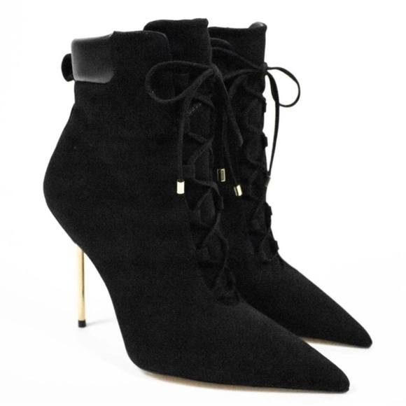 Good American ￼Suede & Leather Stiletto Black Ankle Boots Bootie Gold Slim Heel - Picture 1 of 8